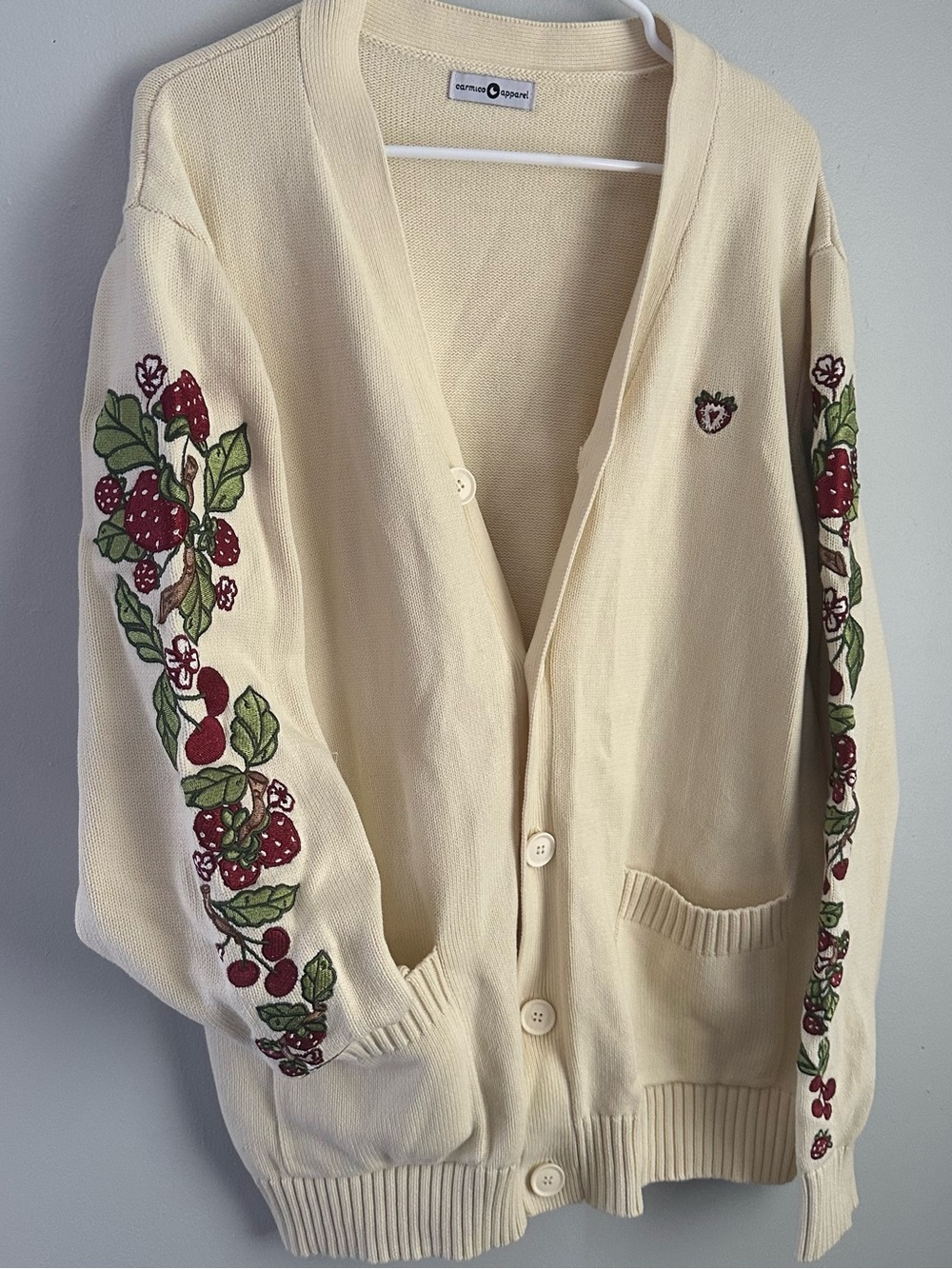 Carmico Apparel Cream Strawberry Cherry Embroidered Sweater Cardigan XL